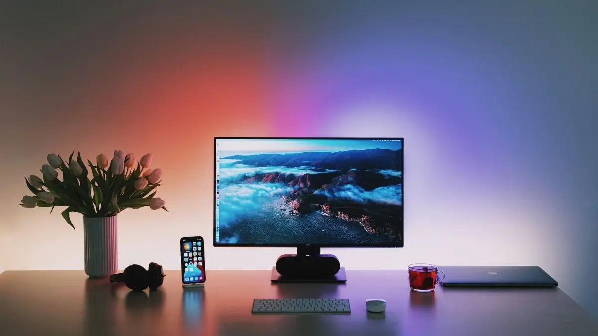 Flat screen computer monitor on wooden desk